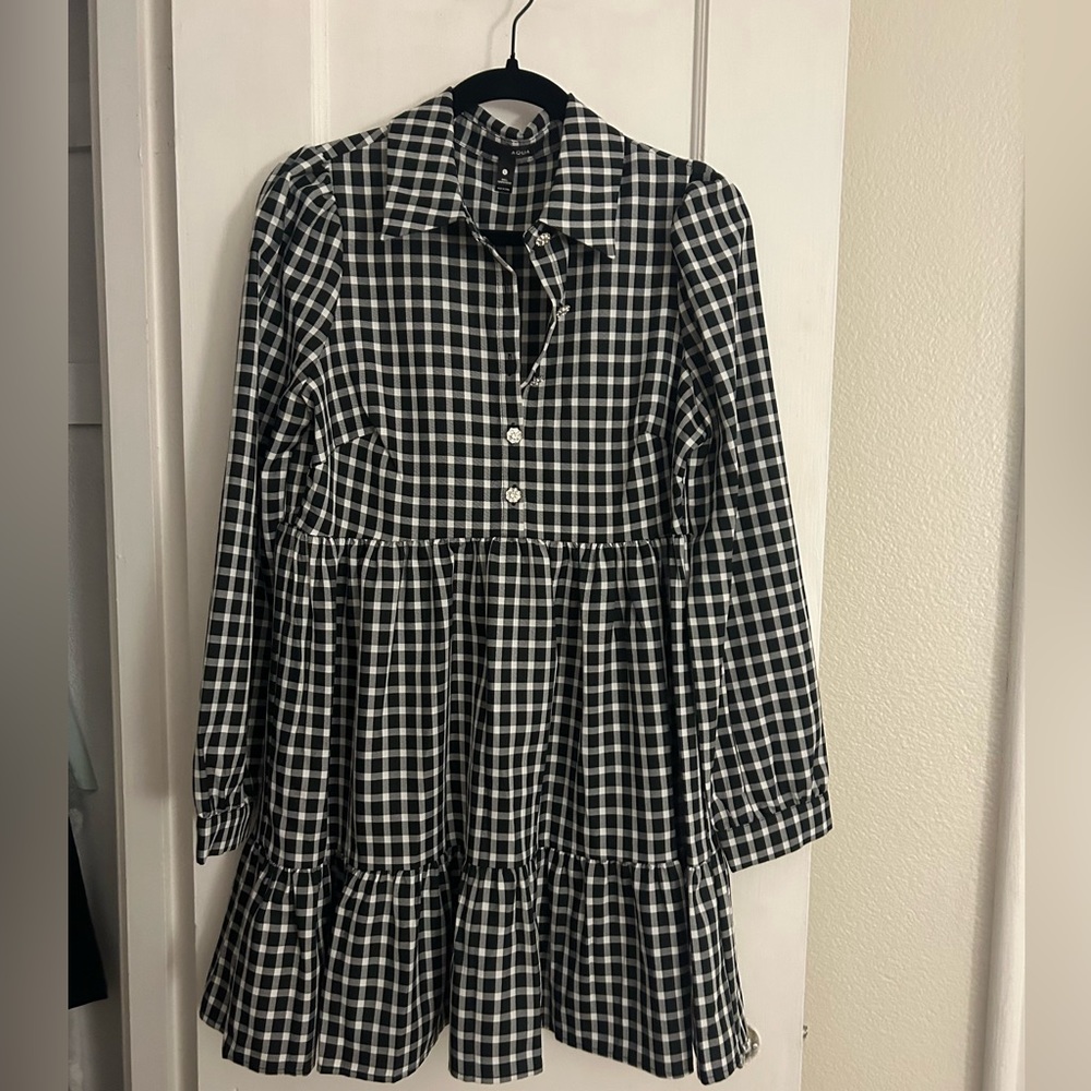 Long sleeve plaid mini dress with rhinestone buttons